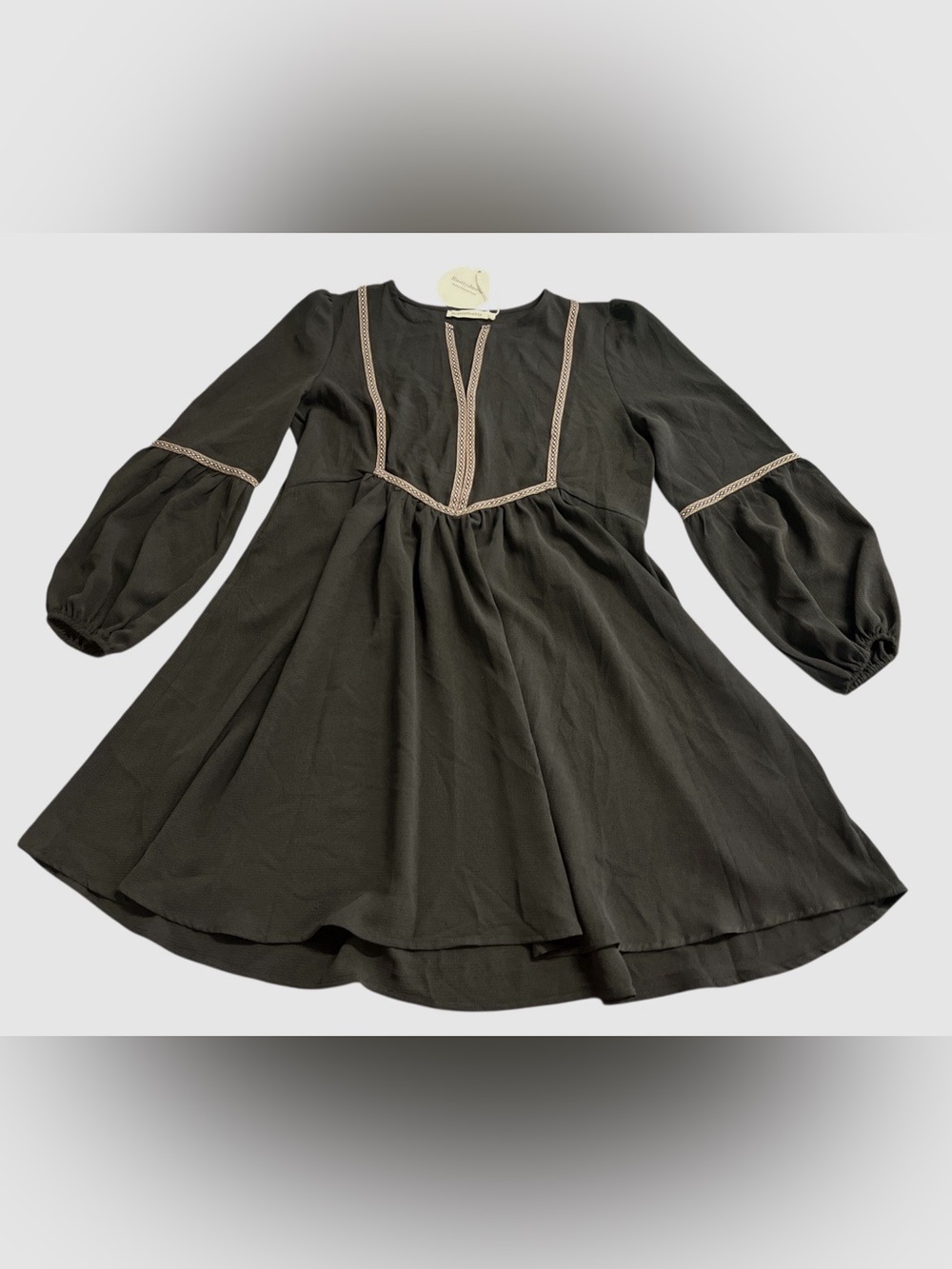 Rusttydustty Women’s LargenBoho Embroidered V-Neck Smock Dress Lantern Sleeves